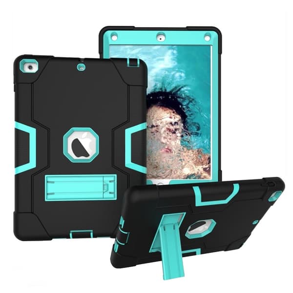 iPad (2018) beskyttelsesetui i kombimaterialer med stativ - Sort/Tyrkis Multicolor
