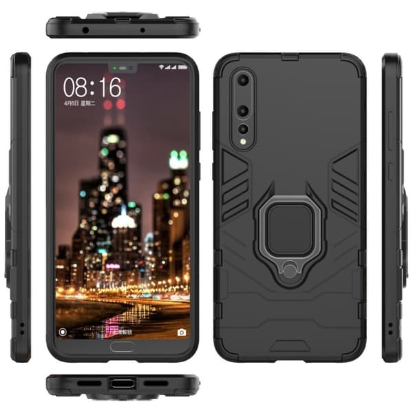 Huawei P20 Pro mobilskal metall plast silikon ringhållare utfällbart ställ - Svart Svart