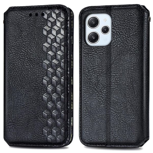 Læder Etui med A Stilfuldt Rhombus Tryk til Xiaomi Redmi 12 - Sort Black