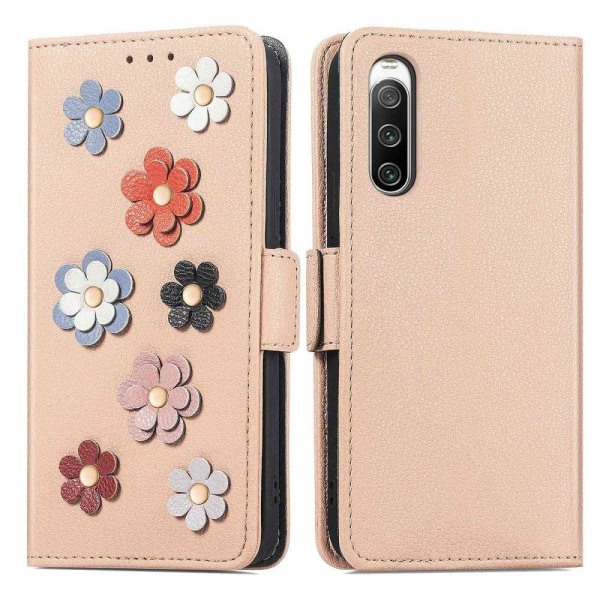 Mjukt läder Sony Xperia 10 IV fodral med blomdekor - Brun Brun