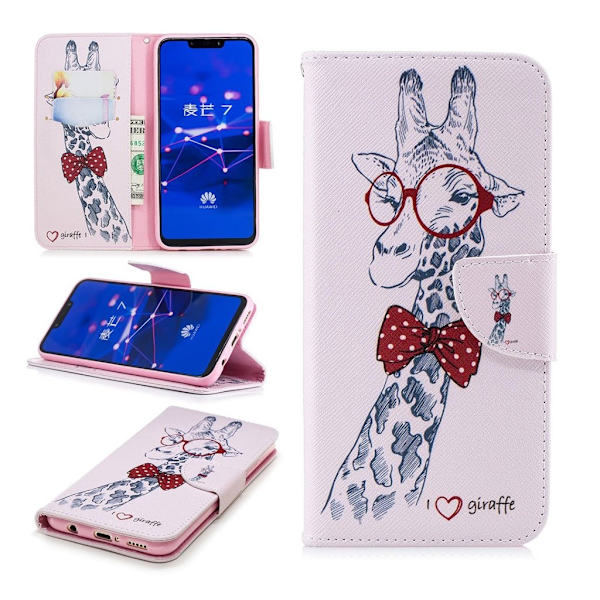 Huawei Mate 20 Lite mobiletui i kunstlæder med mønster og pung - Giraf med briller Multicolor