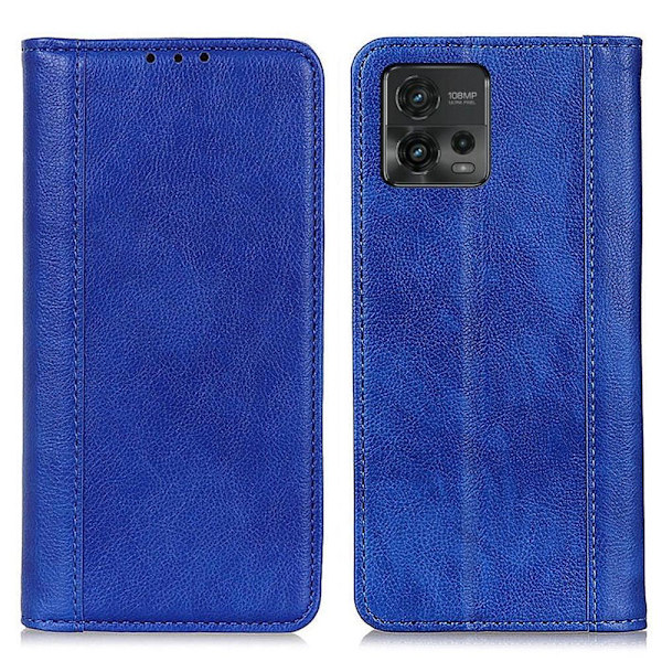 Motorola Moto G72 ægte læderetui med magnetisk lukning - Blå Blue