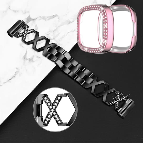 Fitbit Sense / Versa 3 X-form med rhinestone-dekoreret urrem med lyserødt cover - Sort Black