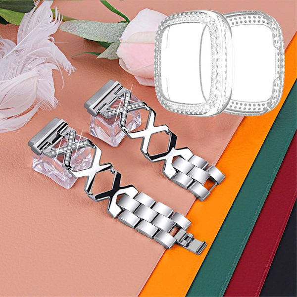 Fitbit Sense / Versa 3 X-formad med strassdekorerat klockarmband med transparent hölje - Silver Silvergrå