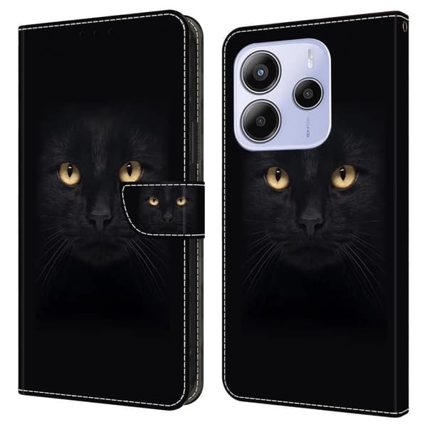 Xiaomi Redmi Note 14 5G Etui med magnetisk lås 3D-mønster Læderpung Telefoncover - Sort Kat Black