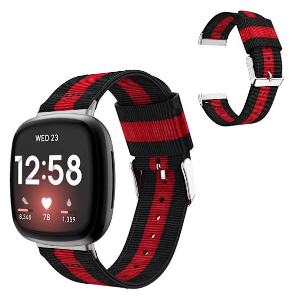 Raidallinen nylonkellonauha Fitbit Versa 3:lle - Musta / Punainen / Musta Black