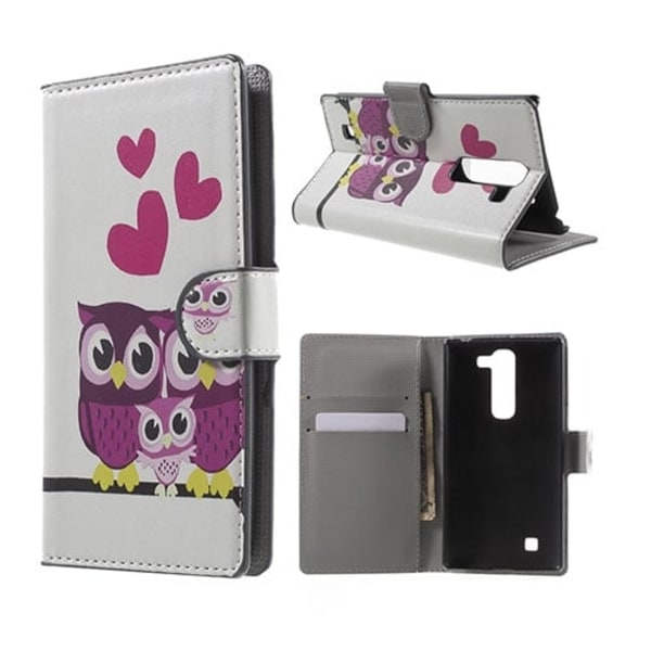 Moberg LG G4c Nahkakotelo Korttitaskuilla - Kolme Pöllöä Ja Sydämmet Multicolor