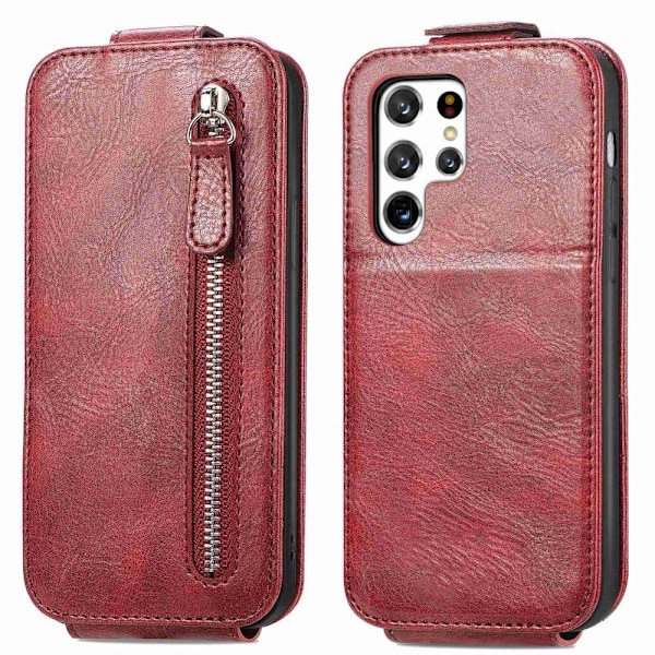 Vertical Flip Phone Suojakotelo With Zipper For Samsung Galaxy S22 Ultra - Punainen Red