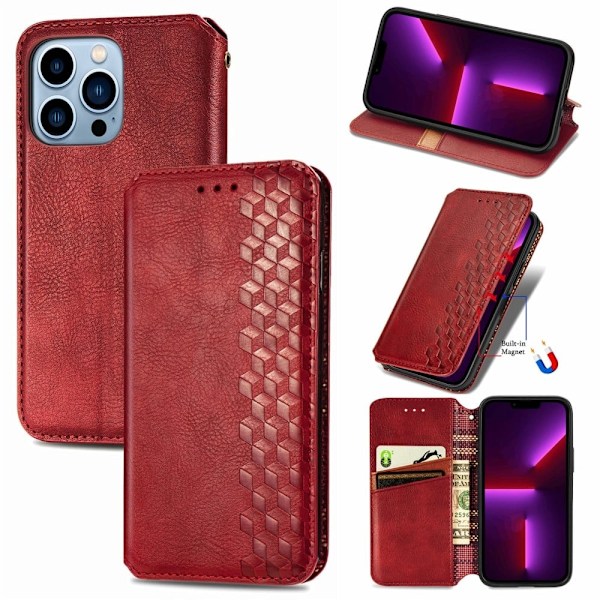 Lær Etui med A Stilfull Rhombus Imprint til iPhone 13 Pro Max - Rød Red