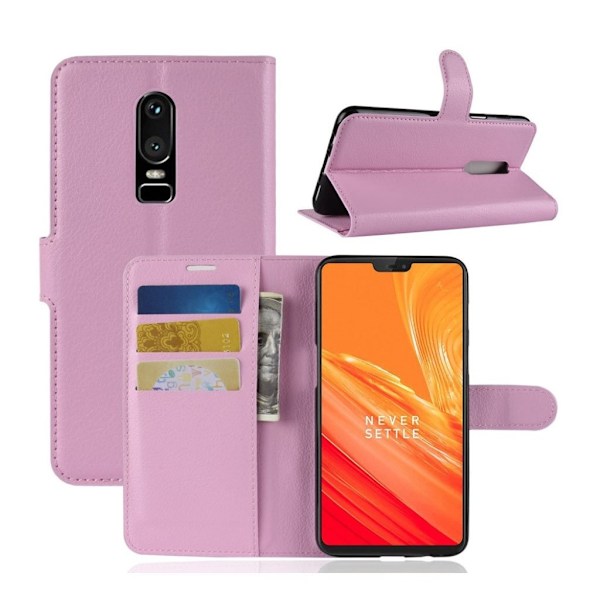 OnePlus 6 mobilfodral PU läder skyddande stående läge plånbok litchi textur - Rosa Rosa