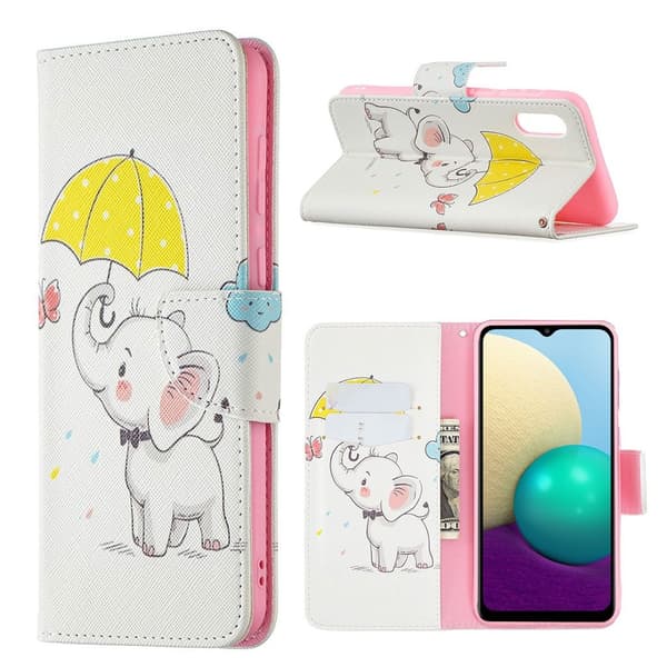Wonderland Samsung Galaxy A02 Flip Etui - Elefant Holder en Paraply Multicolor