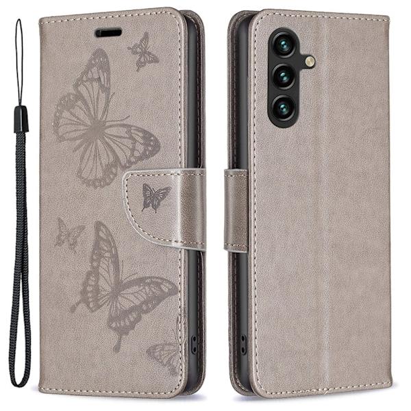 Butterfly Samsung Galaxy A14 Läppäkotelo - Harmaa Silver grey