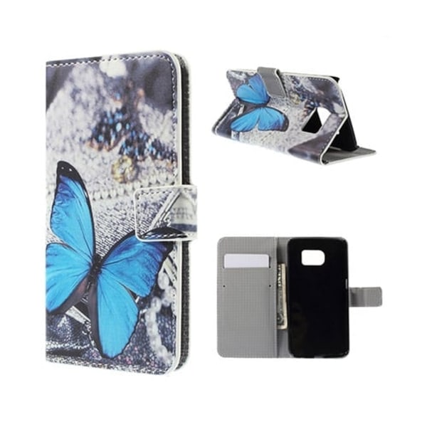 Moberg Samsung Galaxy S6 Edge Læder Kortholder Etui - Blå Sommerfugl Blue