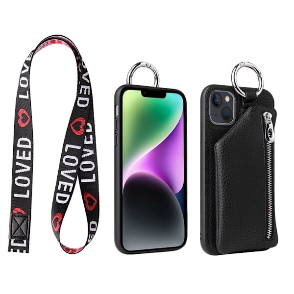 Zipper læderetui med pung til iPhone 14 - Sort Black