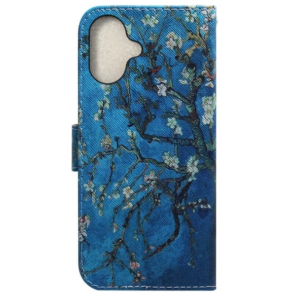 iPhone 16 Plus Etui med pung Pattern Print Leather Phone Cover - Abrikosfarvede Blomster Blue