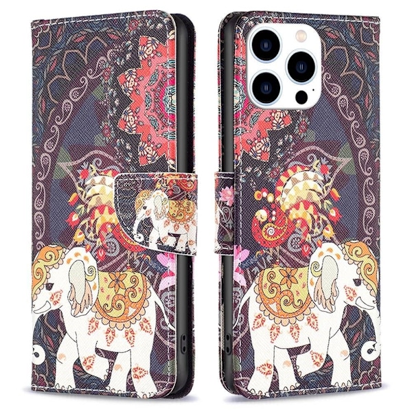 Wonderland iPhone 14 Pro flip etui - Blomst Og Elefant Multicolor