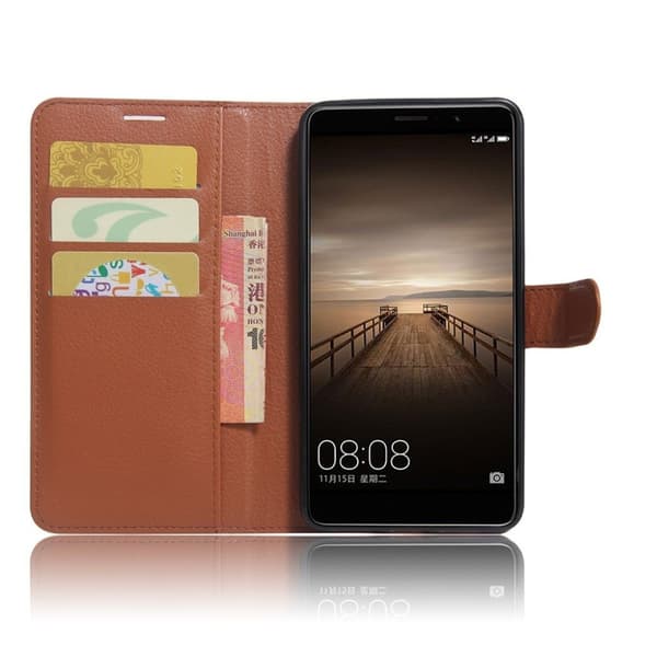 Huawei Mate 9 Litsi Pintainen Nahkakotelo Läpällä - Ruskea Brown