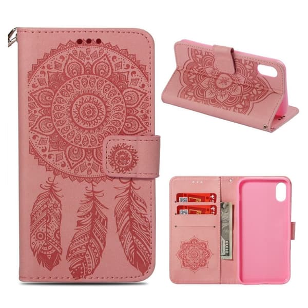 iPhone Xr flip cover i læder med tryk og drømmefanger - Pink Pink