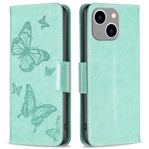 Butterfly iPhone 14 Plus nahkakotelo - Vihreä Green