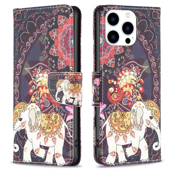 Wonderland iPhone 15 Pro flip etui - Blomst Og Elefant Multicolor