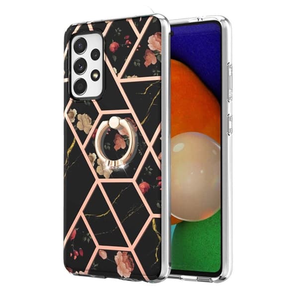 Marble Mønstret Cover med Ring Holder til Samsung Galaxy A53 5G - Sorte Blomster Black