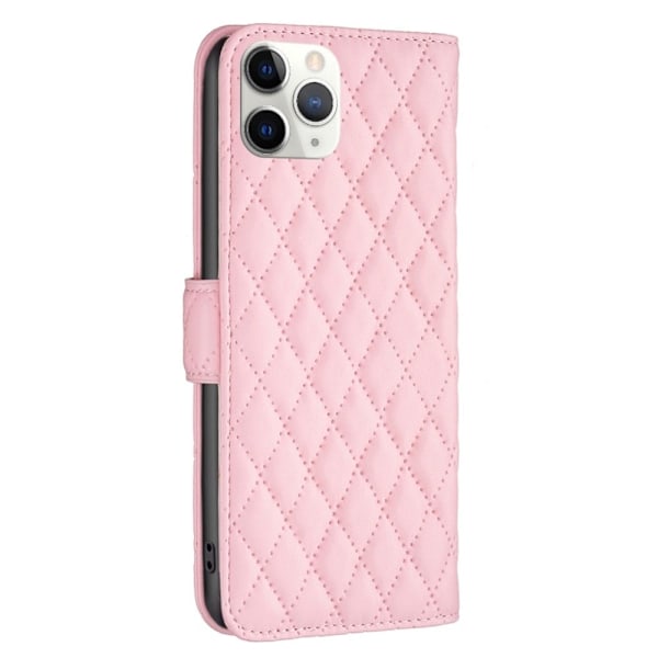BINFEN COLOR iPhone 11 Pro 5.8 inch Wallet Cover, BF Style-14 Imprinted Rhombus Pattern Stand stødsikkert Matte Vegansk Læder Case - Lyserød Pink