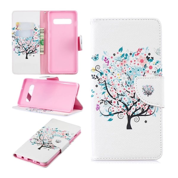 Samsung Galaxy S10 Plus kuosillinen nahkainen flip Suojakotelo - Kukkainen Puu Multicolor