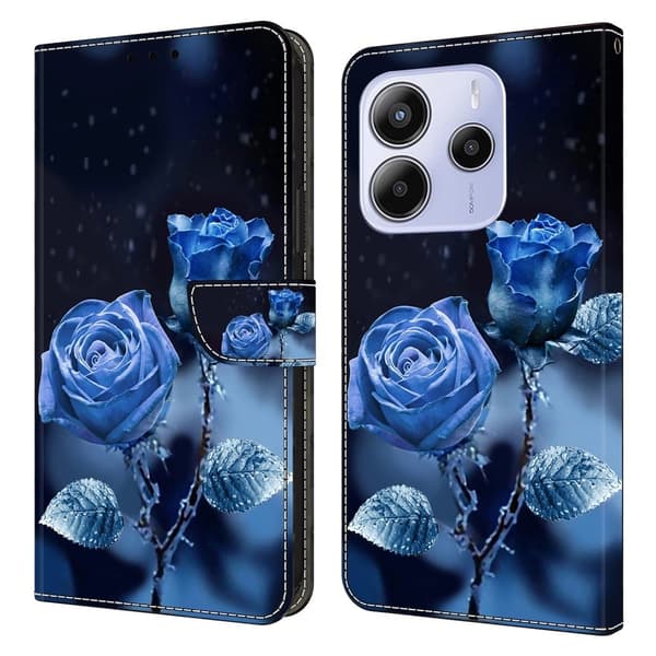 Xiaomi Redmi Note 14 5G Plånboksfodral Mönster Tryck Stativ Läder Flip Telefonskal - Blå Rosor Blå