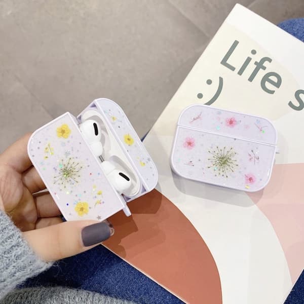 Airpods Pro blommönster + glitterdesignfodral - Gul Gul