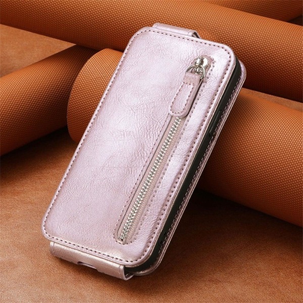 Vertical Flip Phone Suojakotelo With Zipper For OnePlus 10T / Ace Pro - Ruusukulta Pink