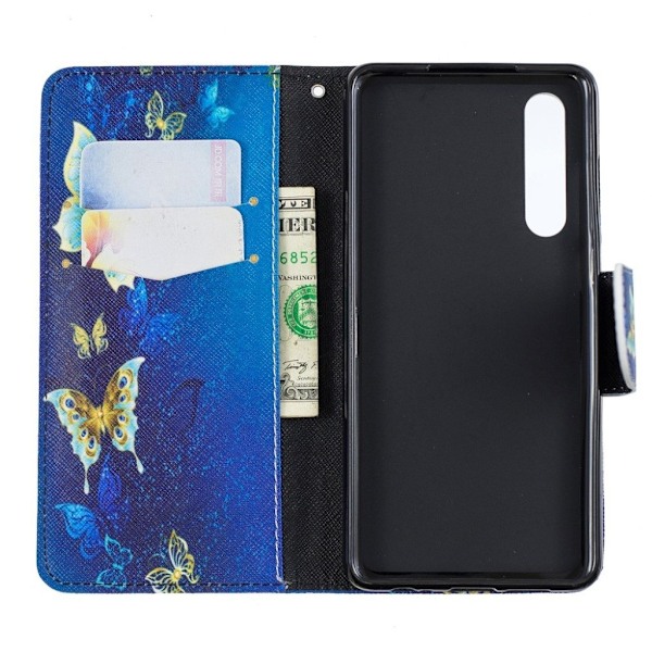 Huawei P30 mønstret læder flip etui - Blå Sommerfugle Blue