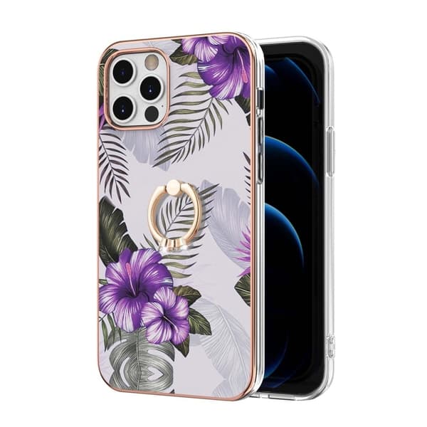Marble Mønstret Deksel med Ring Holder til iPhone 12 Pro Max - Lilla Blomster Purple