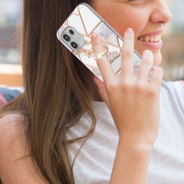 Marble Mønstret Cover med Ring Holder til Motorola Edge 20 Lite - Krone White