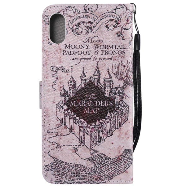 iPhone Xs Max mønstret magnetisk læder flip cover - Retro Castle Map Multicolor