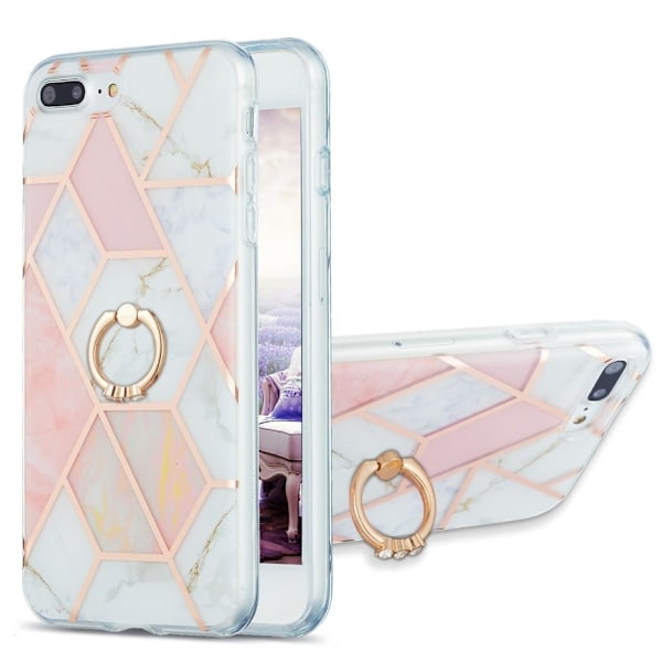Marble Mønstret Deksel med Ring Holder til iPhone 8 Plus - Rosa / Hvit Pink