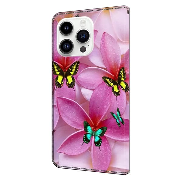 iPhone 16 Pro Plånboksfodral Mönster Tryck Stativ Läder Flip Telefonskal - Rosa Blommig Fjäril Rosa