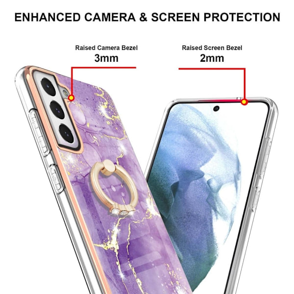 Marble Patterned Suojakuori With Ring Holder For Samsung Galaxy S21 FE - Vihreä And Keltainen Marble Haze Purple