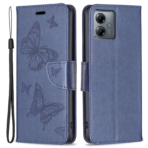 Sommerfugl Motorola Moto G14 Flip Etui - Mørkeblå Blue