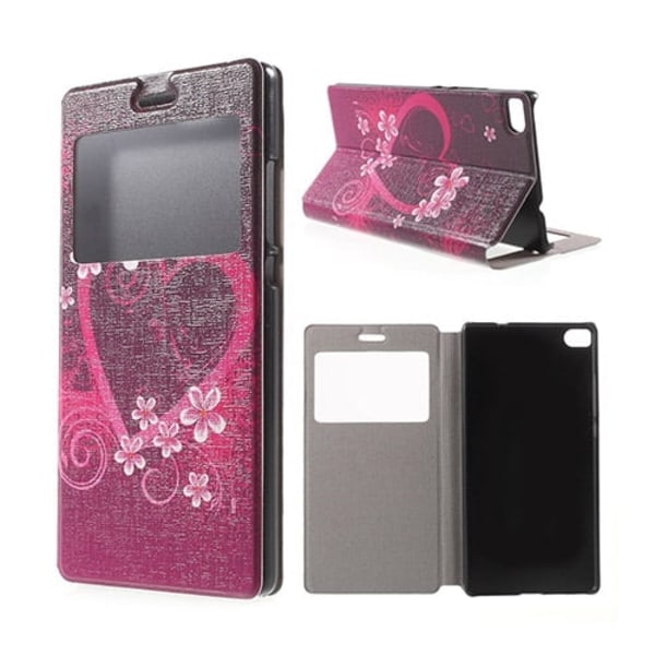 Moberg View Huawei Ascend P8 Læder Flip Etui - Hjerte Og Blomster Multicolor