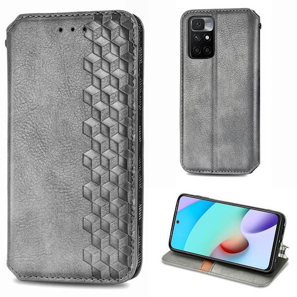 Læder Etui med A Stilfuldt Rhombus Tryk til Xiaomi Redmi Note 10s / Redmi Note 10 - Grå Silver grey