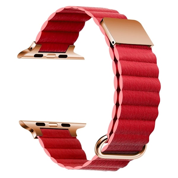 Apple Watch Series 8 (45mm) / Watch Ultra litchi style urrem i ægte læder - Spænde I Rosaguld / Rød Red