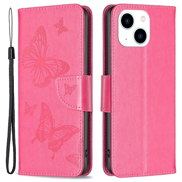 Butterfly läder iPhone 14 fodral - Rosa Rosa