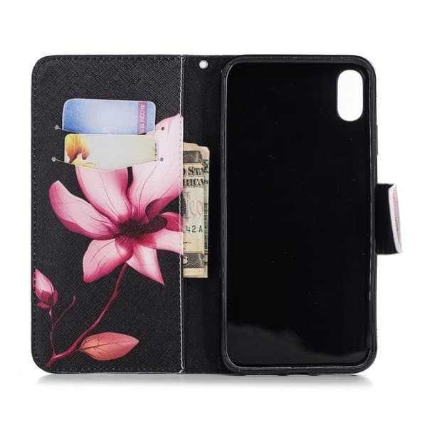 iPhone Xs Max læder flip cover med mønsterprint - Blomst Pink
