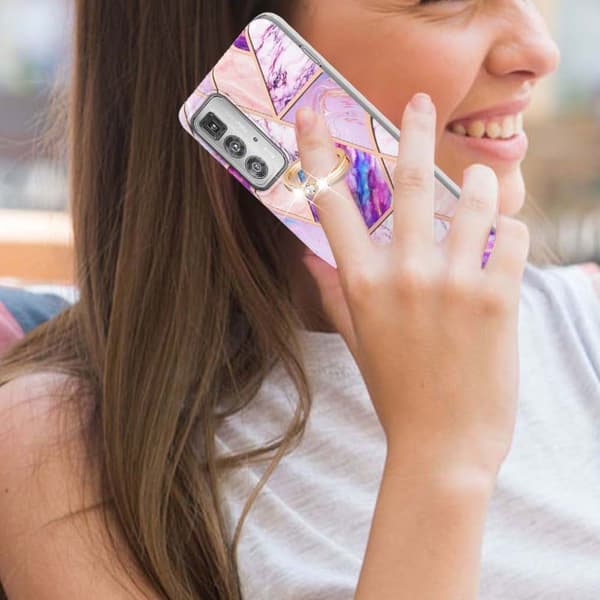 Marble Mønstret Deksel med Ring Holder til Motorola Edge 20 Pro - Lyselilla Purple