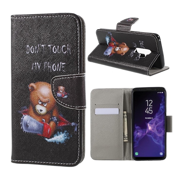 Samsung Galaxy S9 Plus mønstret grynet PU læder flip etui - vred bjørn og advarsler Multicolor