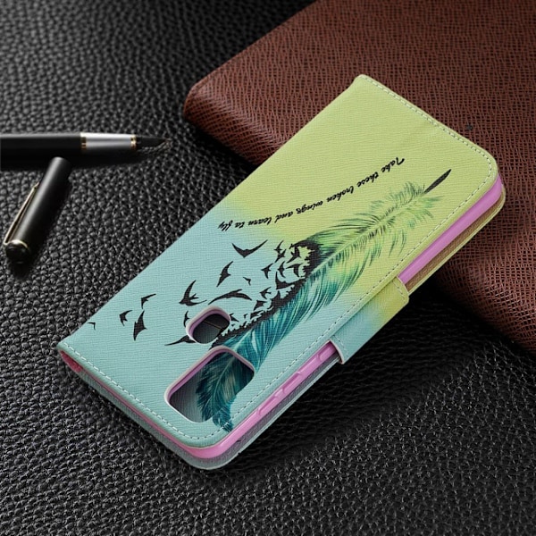 Wonderland Samsung Galaxy A21s Flip Etui - Fjer Mønster Multicolor