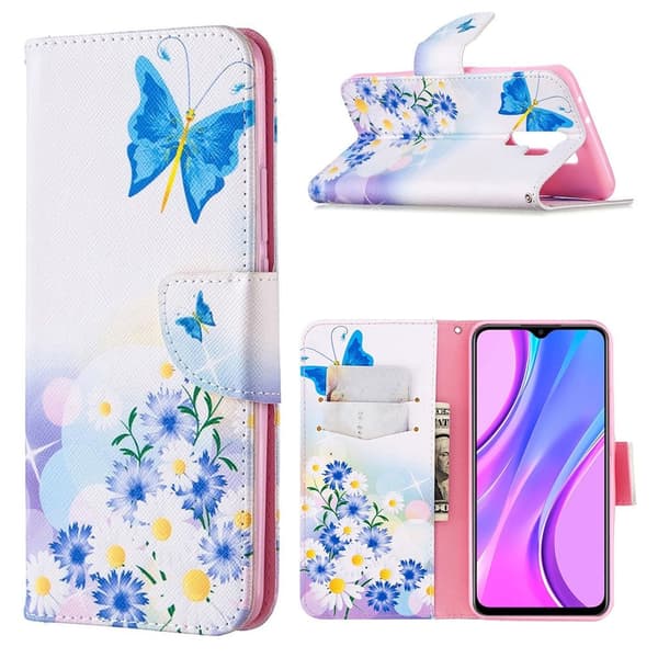 Wonderland Xiaomi Redmi 9 Flippetui - Blå Sommerfugl og Blomster Multicolor