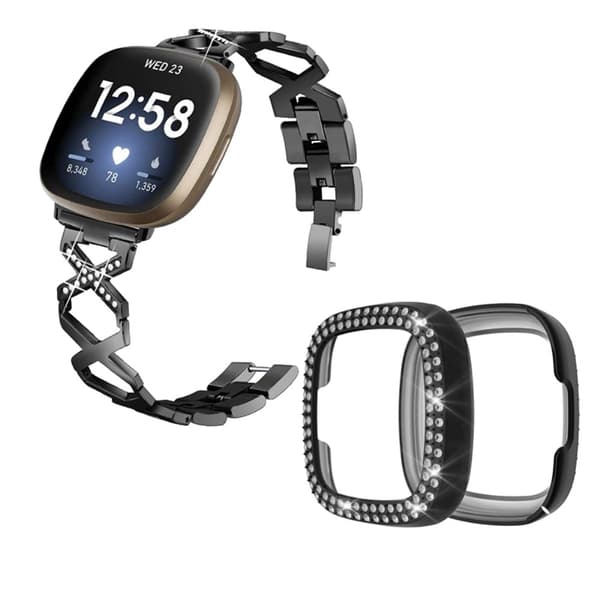 Fitbit Sense / Versa 3 X-form med rhinestone-dekoreret urrem med sort cover - Sort Black