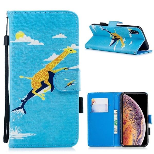 iPhone Xs Max mönstrat flipfodral i läder - Giraff Rider På Val multifärg