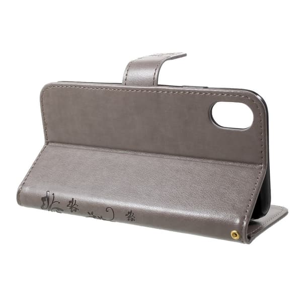 iPhone Xr Perhos Ja Kukka Printtikuviollinen Synteetti Nahkainen Lompakko Kotelo - Harmaa Silver grey